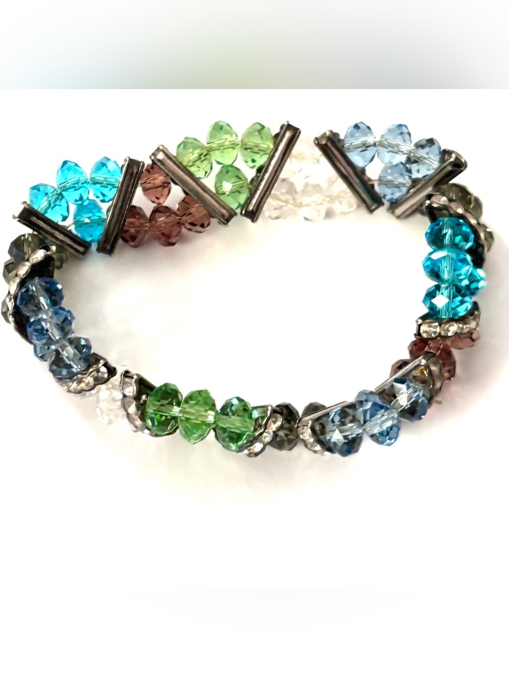 Multicolor Crystal Bead Stretch Bracelet - Sparkling Blue, Green, Brown & Clear